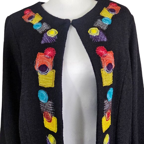 Sara Isabella Black Open Wool Jacket Sz M Colorful Embroidered Artsy Teacher - Picture 3 of 11